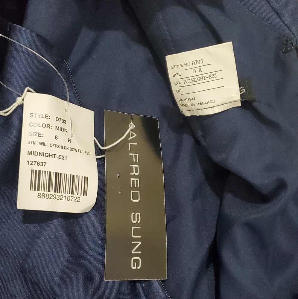 NWT ALFRED SUNG Off-The-Shoulder Bow Back Satin Trumpet Gown in Midnight Navy - Picture 12 of 12